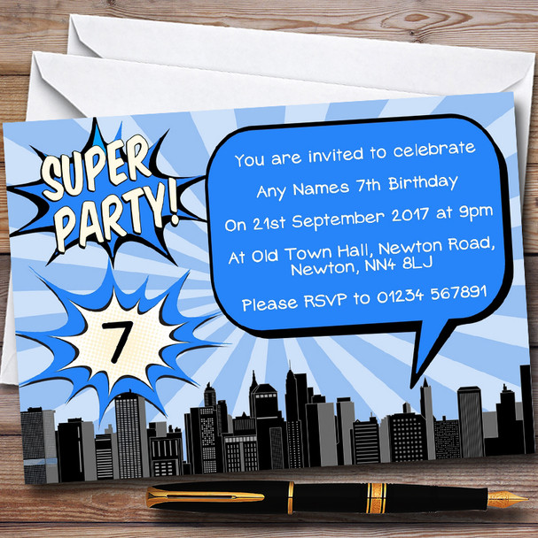 Blue Comic Superhero Personalised Childrens Birthday Party Invitations