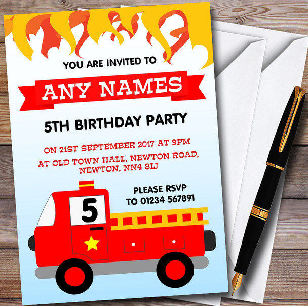 Flames & Fire Engine Personalised Childrens Birthday Party Invitations