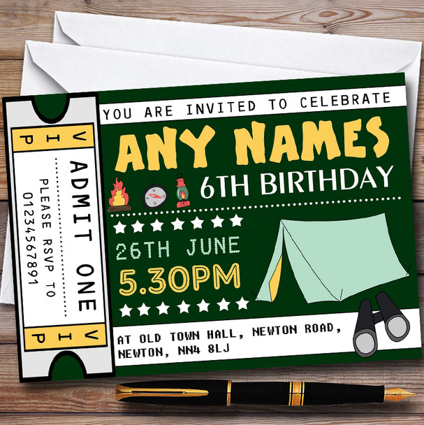 Green Camping Ticket Personalised Childrens Birthday Party Invitations