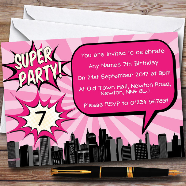 Pink Comic Superhero Personalised Childrens Birthday Party Invitations