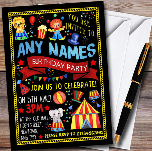 Black Kids Circus Carnival Clown Childrens Birthday Party Invitations