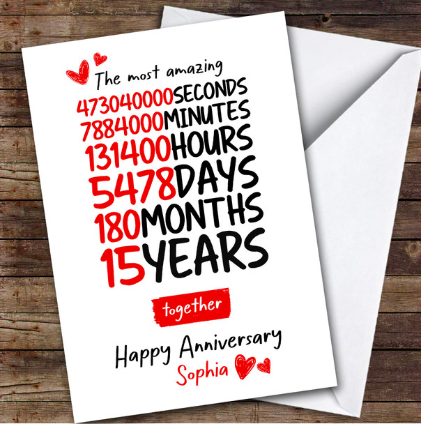 15th Wedding Anniversary Card Personalised Amazing Seconds Minutes Hours Days