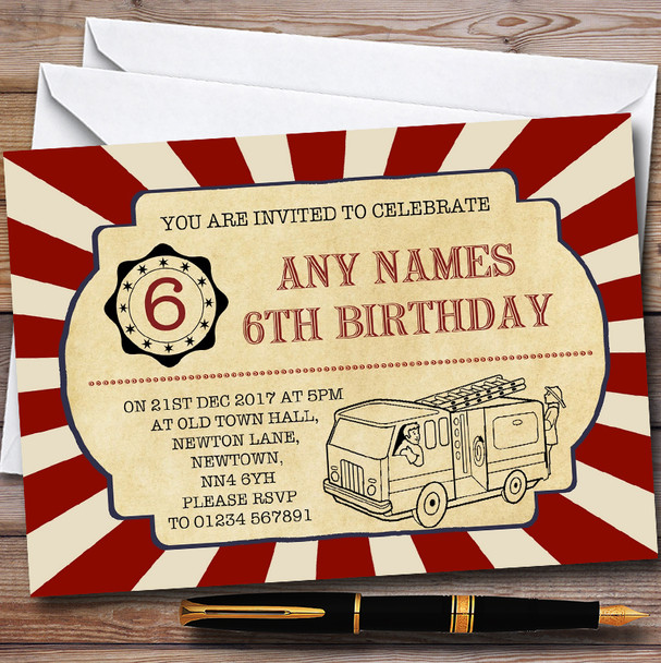 Vintage Fire Engine Personalised Childrens Birthday Party Invitations