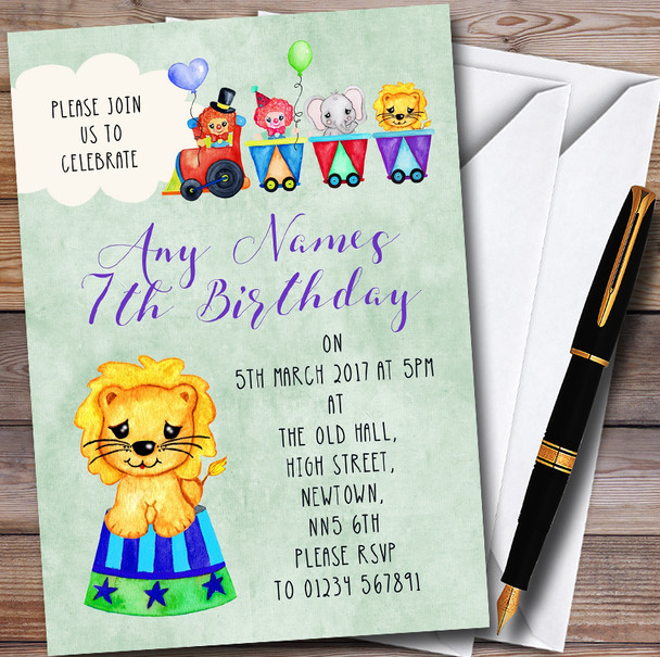 Boys Watercolour Circus Animals Childrens Birthday Party Invitations