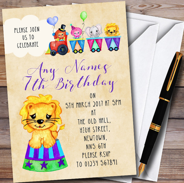 Cute Watercolour Circus Animals Childrens Birthday Party Invitations