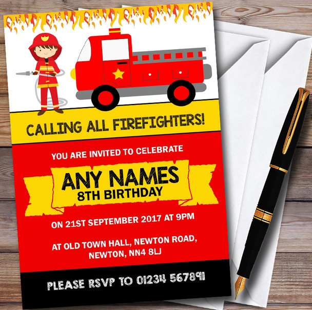 Fireman Firefighter Fire Engine Childrens Birthday Party Invitations