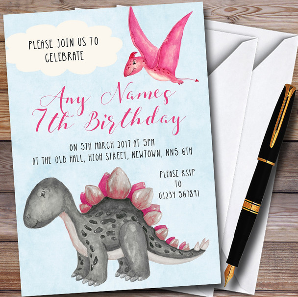 Girls Pink Watercolour Dinosaur Childrens Birthday Party Invitations