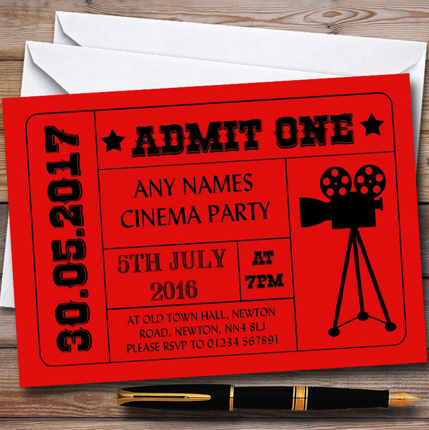 Red Admit One Movie Film Cinema Childrens Birthday Party Invitations