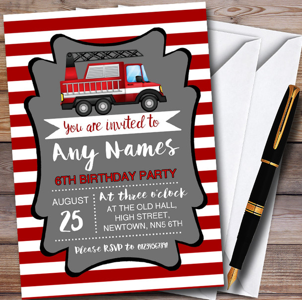 Red Stripes Fireman Fire Engine Childrens Birthday Party Invitations