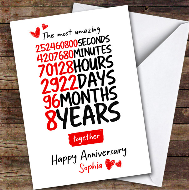 8th Wedding Anniversary Card Personalised Amazing Seconds Minutes Hours Days