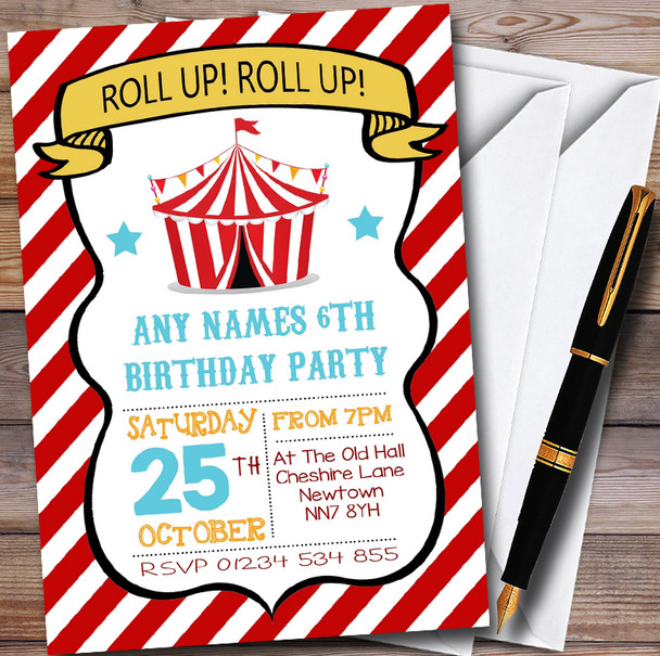 Red Stripes Circus Personalised Childrens Birthday Party Invitations