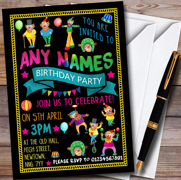 Black Crazy Clown Personalised Childrens Birthday Party Invitations