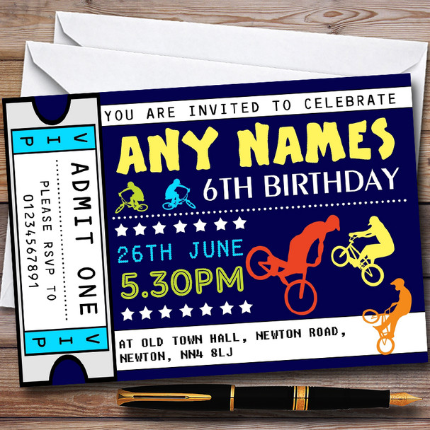 BMX Biking Ticket Personalised Childrens Birthday Party Invitations