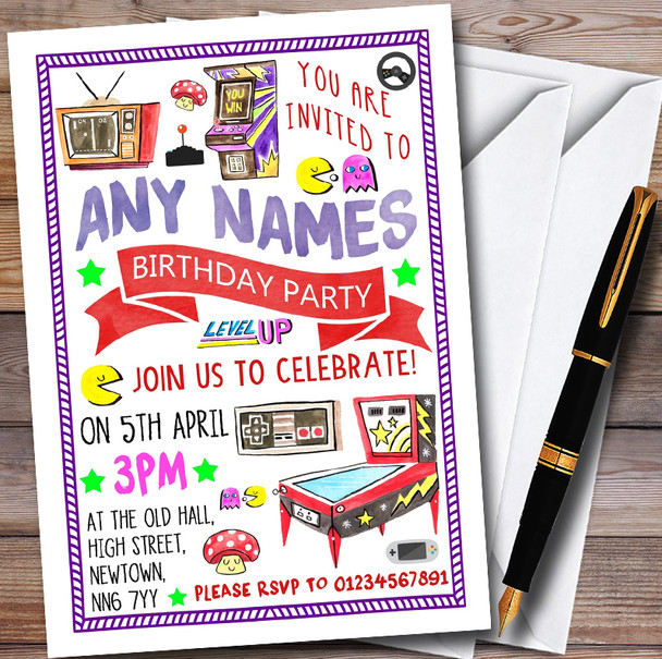 Retro Arcade Game Personalised Childrens Birthday Party Invitations