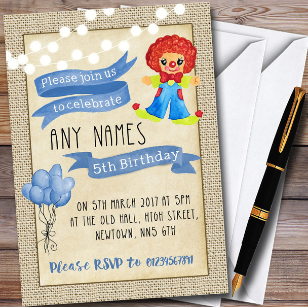 Blue Boys Clown Personalised Childrens Birthday Party Invitations