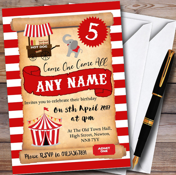 Stripy Circus Personalised Childrens Birthday Party Invitations