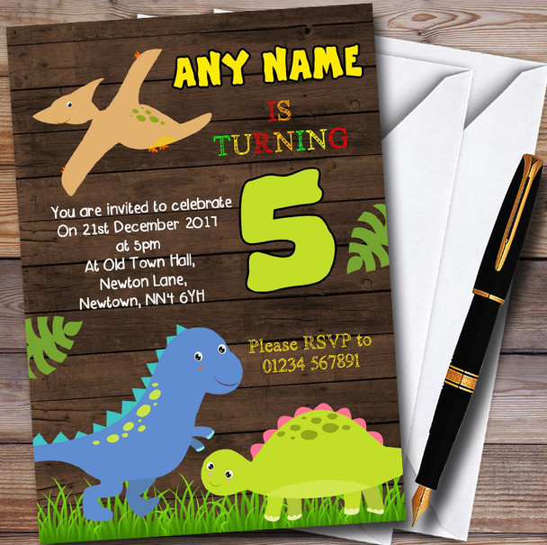 Wood Dinosaur Personalised Childrens Birthday Party Invitations