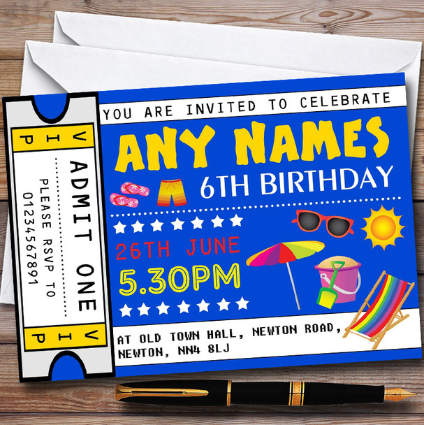 Beach Ticket Personalised Childrens Birthday Party Invitations