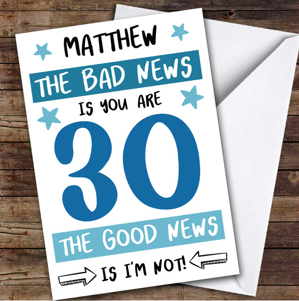 Birthday Card Personalised 30th Male Good News Funny Blue
