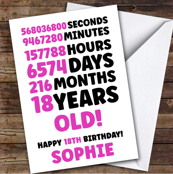 Pink 18th Birthday Card Personalised Seconds Minutes Hours Days