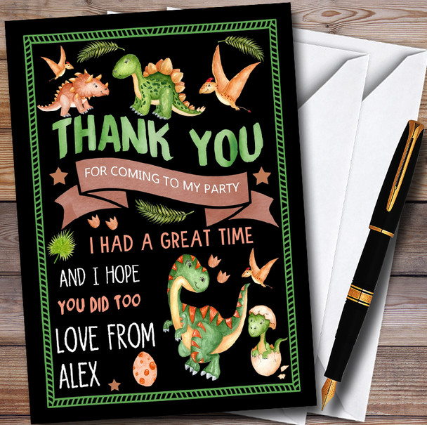 Black Dinosaur Watercolour Personalised Childrens Birthday Party Thank You Cards