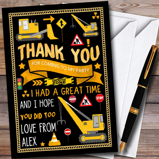 Black Digger Construction Personalised Childrens Birthday Party Thank You Cards