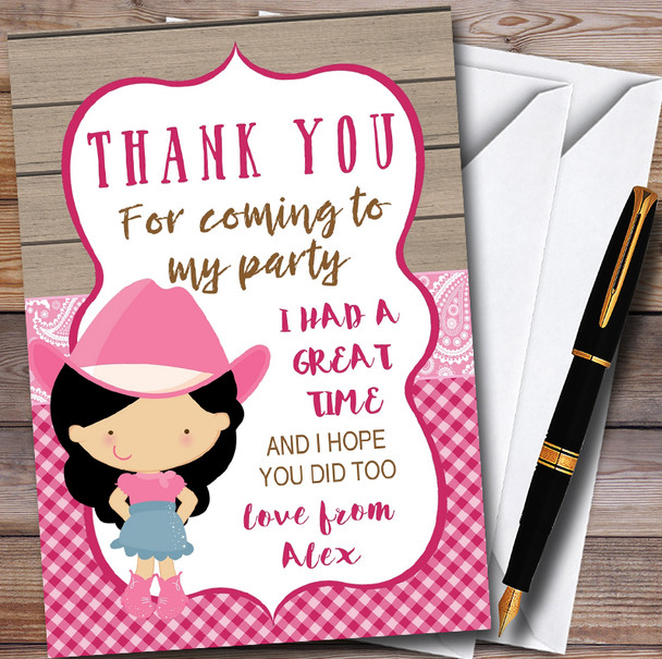 Pink Western Cute Cowgirl Personalised Childrens Birthday Party Thank You Cards