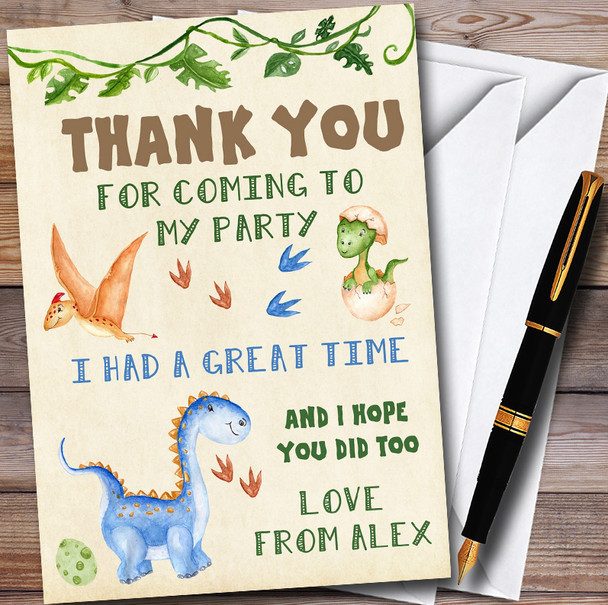 Watercolour Cute Dinosaur Personalised Childrens Birthday Party Thank You Cards