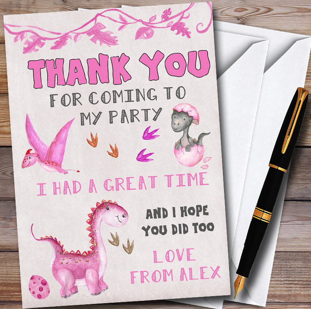 Watercolour Pink Dinosaur Personalised Childrens Birthday Party Thank You Cards