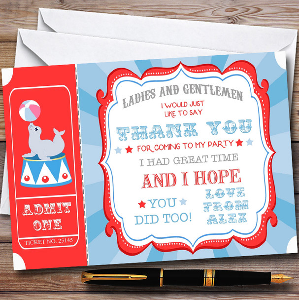 Blue & Coral Red Circus Personalised Childrens Birthday Party Thank You Cards