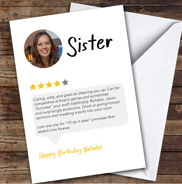 Birthday Card Personalised Sister Funny Any Review Photo