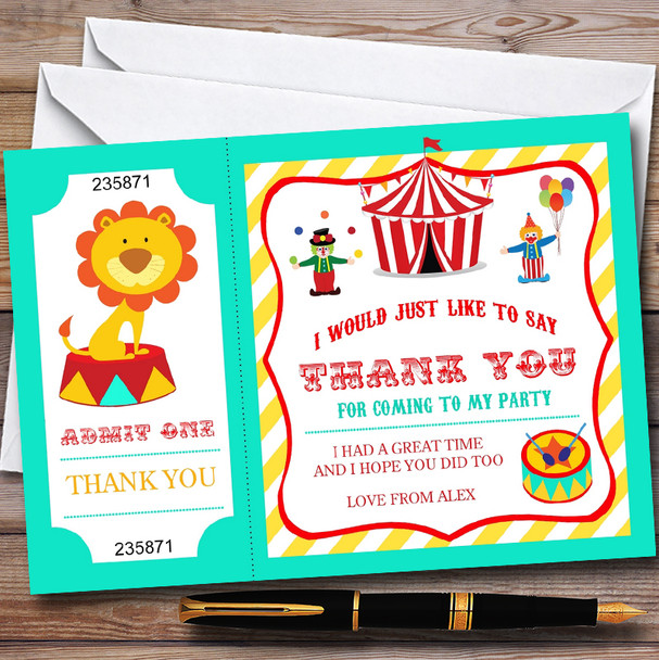 Green & Yellow Circus Personalised Childrens Birthday Party Thank You Cards