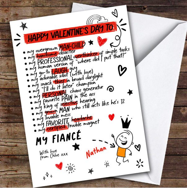 Fiance Funny Doodles Valentine's Day Card Personalised
