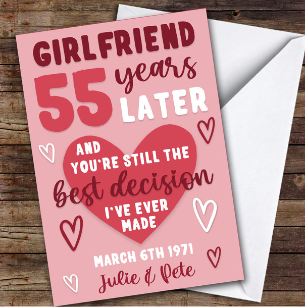 Anniversary Card Personalised 55th Girlfriend Years Best Decision Pink