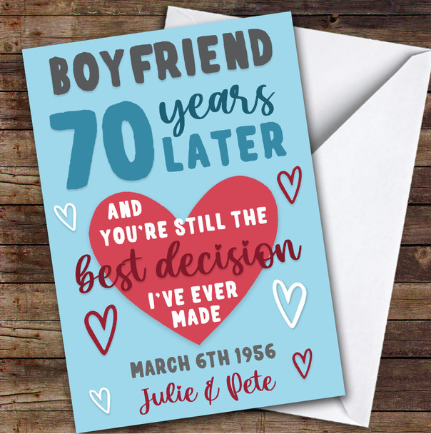 Anniversary Card Personalised 70th Boyfriend Years Best Decision Blue