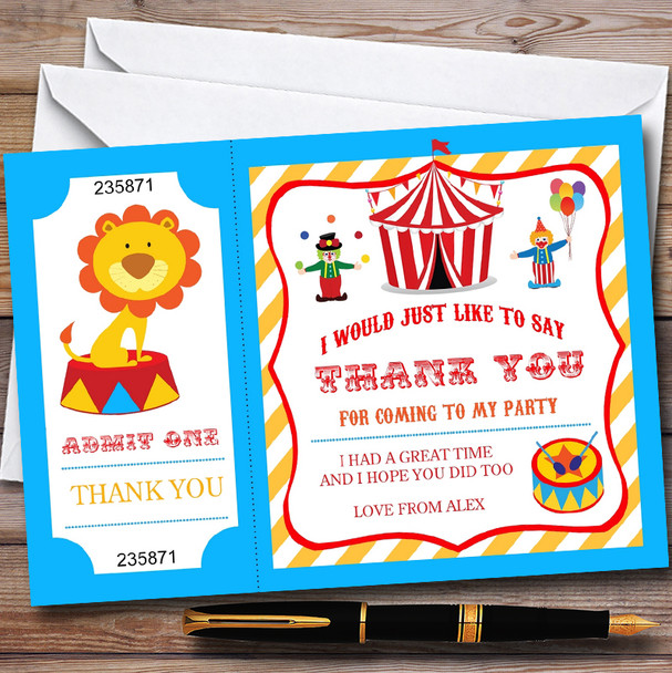 Blue & Orange Circus Personalised Childrens Birthday Party Thank You Cards