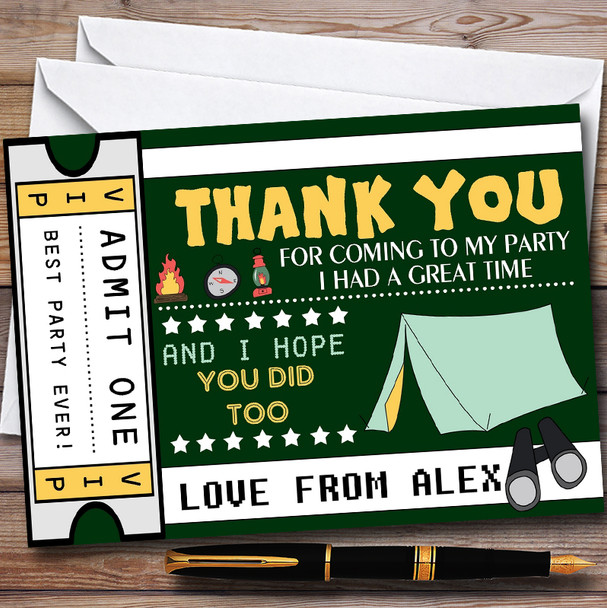 Green Camping Ticket Personalised Childrens Birthday Party Thank You Cards