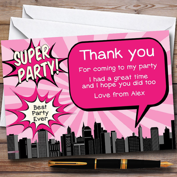 Pink Comic Superhero Personalised Childrens Birthday Party Thank You Cards