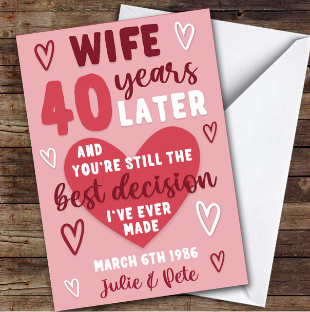 Anniversary Card Personalised 40th Wife Years Best Decision Pink