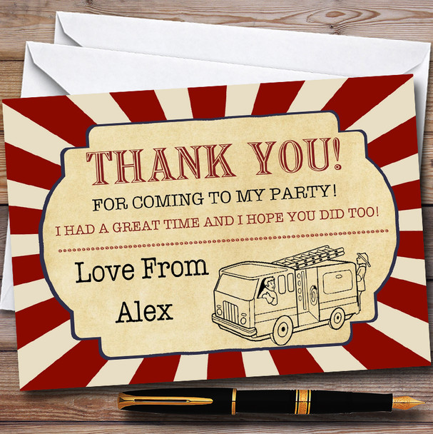 Vintage Fire Engine Personalised Childrens Birthday Party Thank You Cards