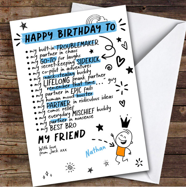 Male Friend Funny Doodles Birthday Card Personalised