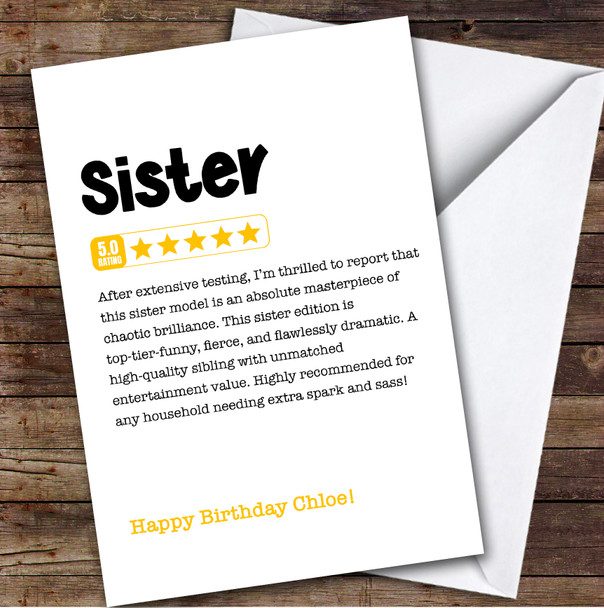 Funny Any Review Birthday Card Personalised Sister