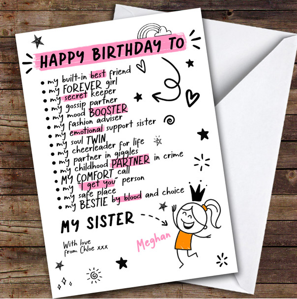 Sister Funny Doodles Birthday Card Personalised