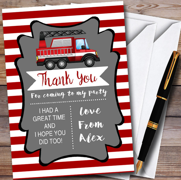Red Stripes Fireman Fire Engine Childrens Birthday Party Thank You Cards