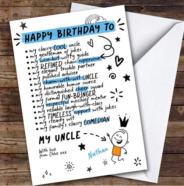 Uncle Funny Doodles Birthday Card Personalised