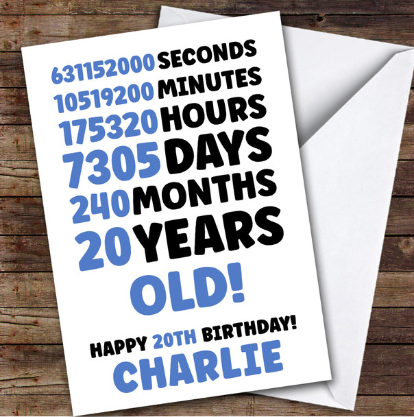 Blue 20th Birthday Card Personalised Seconds Minutes Hours Days