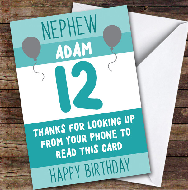 Birthday Card Personalised 12th Nephew Looking Up From Phone Green Balloons