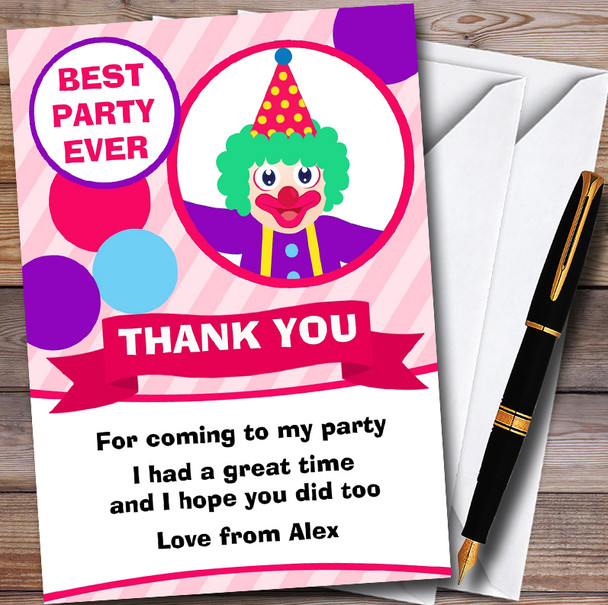 Girls Pink Clown Personalised Childrens Birthday Party Thank You Cards