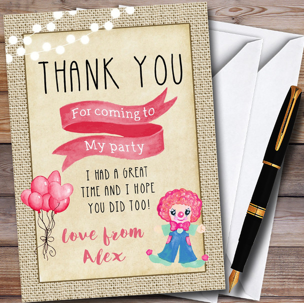 Pink Girls Clown Personalised Childrens Birthday Party Thank You Cards