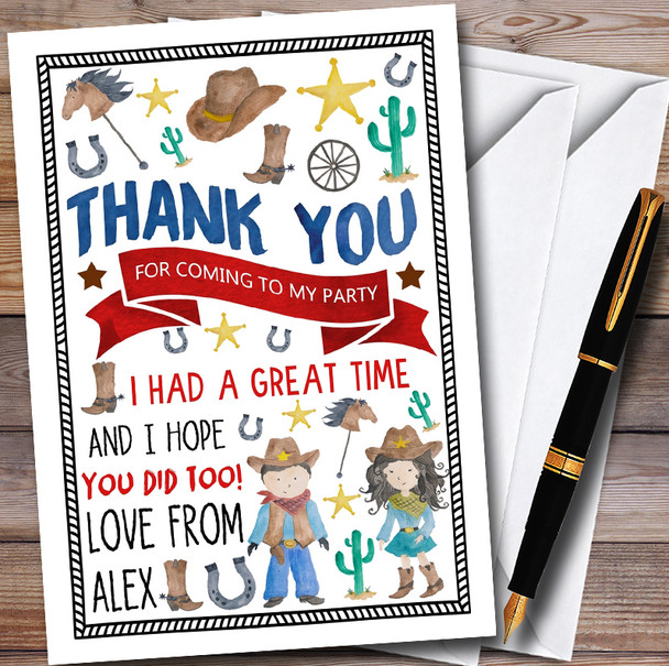 Watercolour Cowboy and Cowgirl Children's Birthday Party Thank You Cards